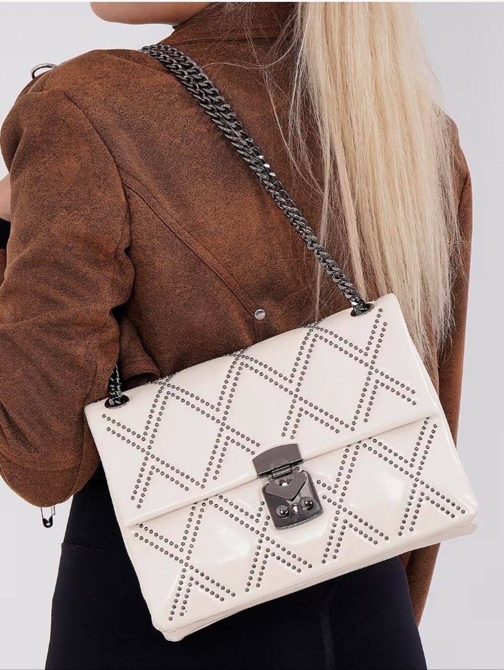 Genuine Leather Studded Diamond Quilted Crossbody Shoulder Bag